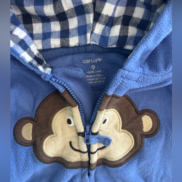 9 month Carter’s Blue Hooded Baby Romper with Monkey Design - Picture 2 of 4